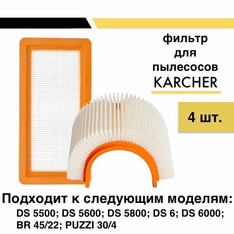 Набор фильтров (4 шт.) плоский складчатый для пылесосов Karcher DS5500 DS5600 DS5800 DS6000 (6.414-631.0)