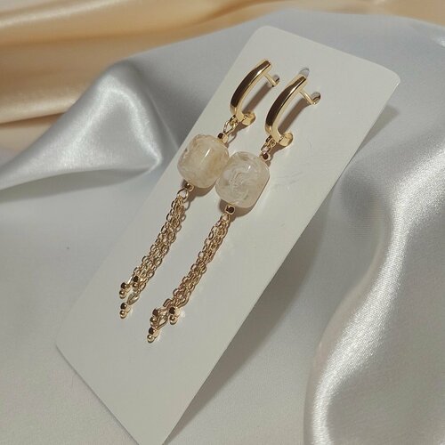 Серьги  камень Лунная мелодия, позолота 18К, искусственный камень, размер 65 мм, белый, золотой