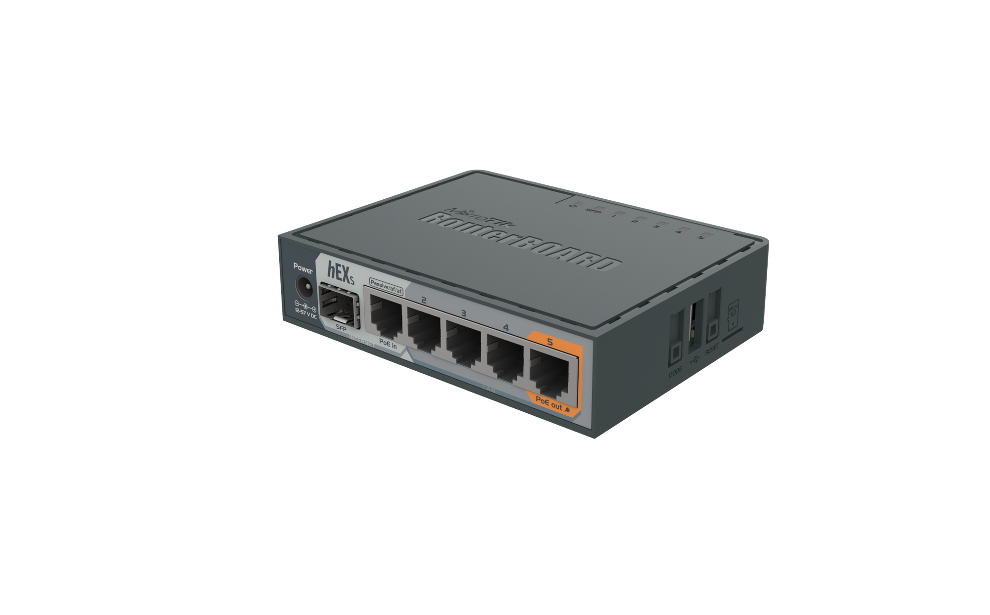 Маршрутизатор Mikrotik hEX S RB760iGS 5 портов Ethernet 1 Гбит/с 1 uplink/стек/SFP поддержка PoE/PoE+ USB-порт 16 МБ встроенная память, 256 МБ RAM Firewall, DHCP-сервер размеры 113 x 28 x 89 мм — фото 1