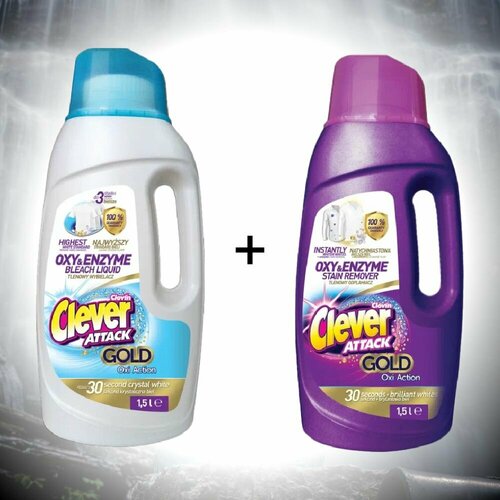 Кислородный отбеливатель и пятновыводитель Clovin Clever Attack 1500 мл + 1500 мл
