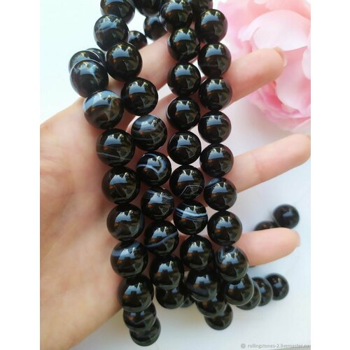 Бусины 10 мм. из натурального камня черный агат (нить 20 бусин)