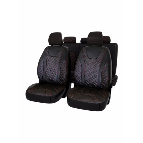 Универсальные автомобильные чехлы с ромбом / черные с красной строчкой