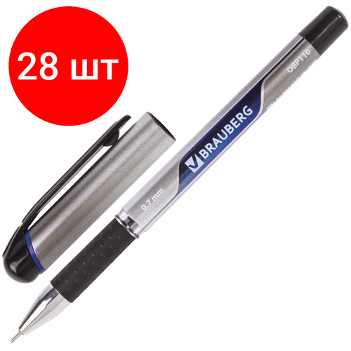 Комплект 28 шт, Ручка шариковая масляная с грипом BRAUBERG Signature, синяя, печать, узел 0.7 мм, линия письма 0.35 мм, 142688