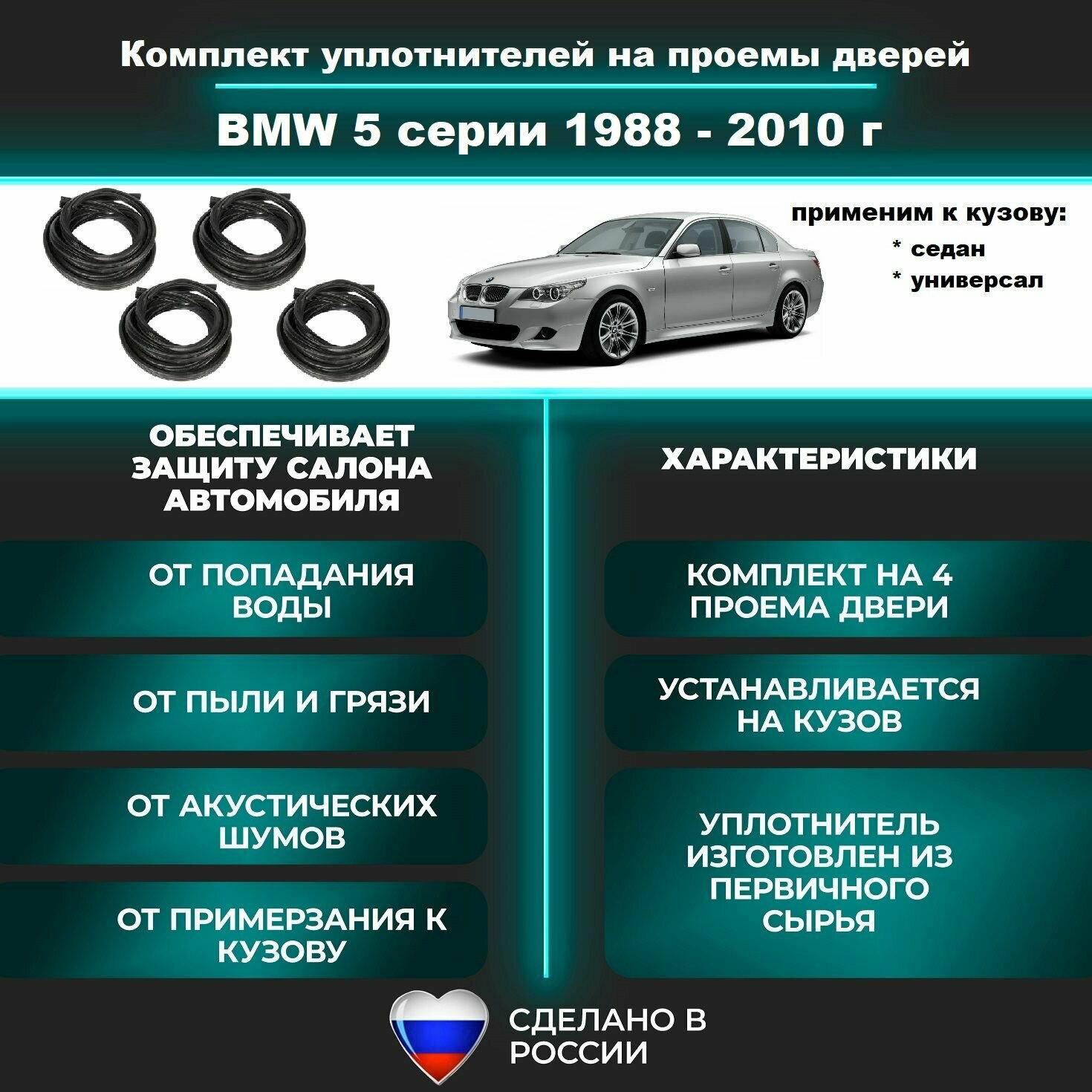 Комплект уплотнителей проемов дверей для BMW 5 1988-2010 г / БМВ 5 серии кузов Е34, Е36, Е38, Е39, Е60 (на 4 двери - 2 передние и 2 задние)