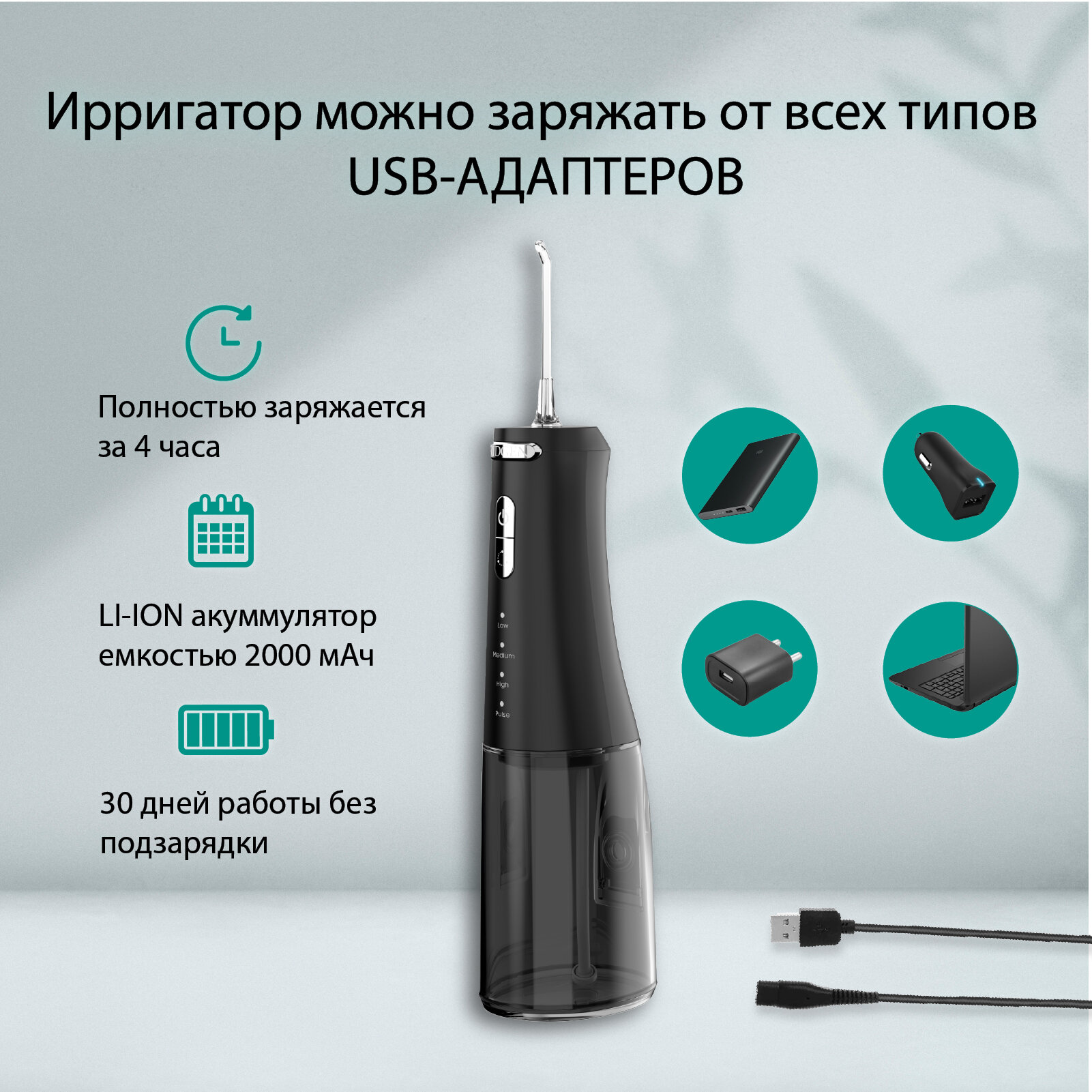 Портативный ирригатор для очистки полости рта RIDGEN RD-350/Black, 6 насадок, дорожный чехол