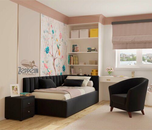 Изображение товара Кровать-тахта Milena 90х200 односпальная темная, мягкая спинка из велюра, с ортопедическими ламелями