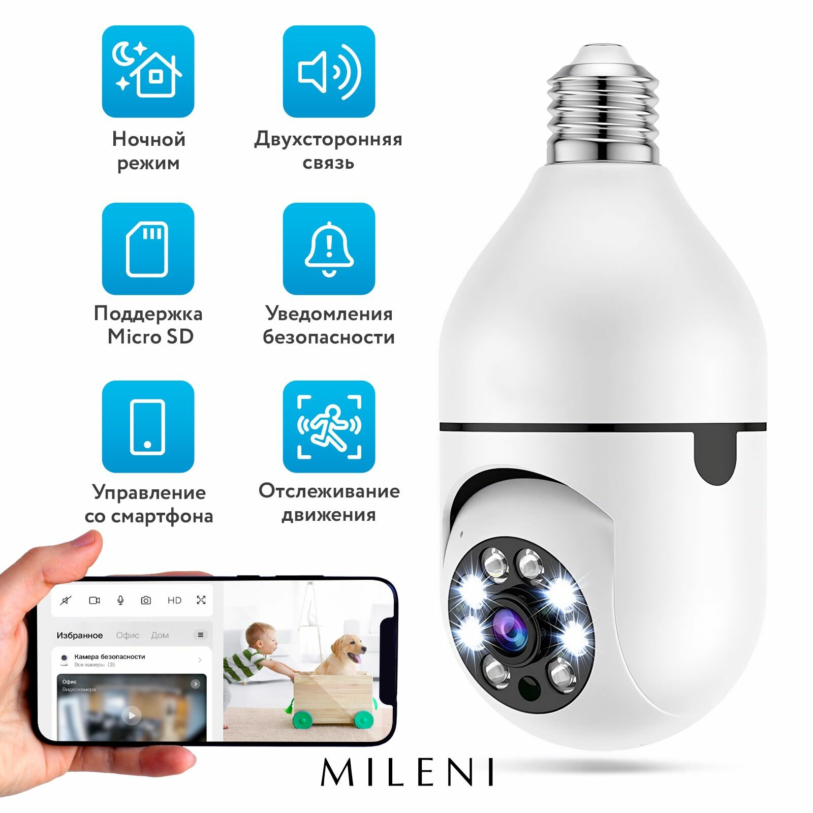 MILENI Беспроводная WI-FI камера Panorama 360 град IP-камера видеонаблюдения режим ночного видения PTZ 2 МП белый