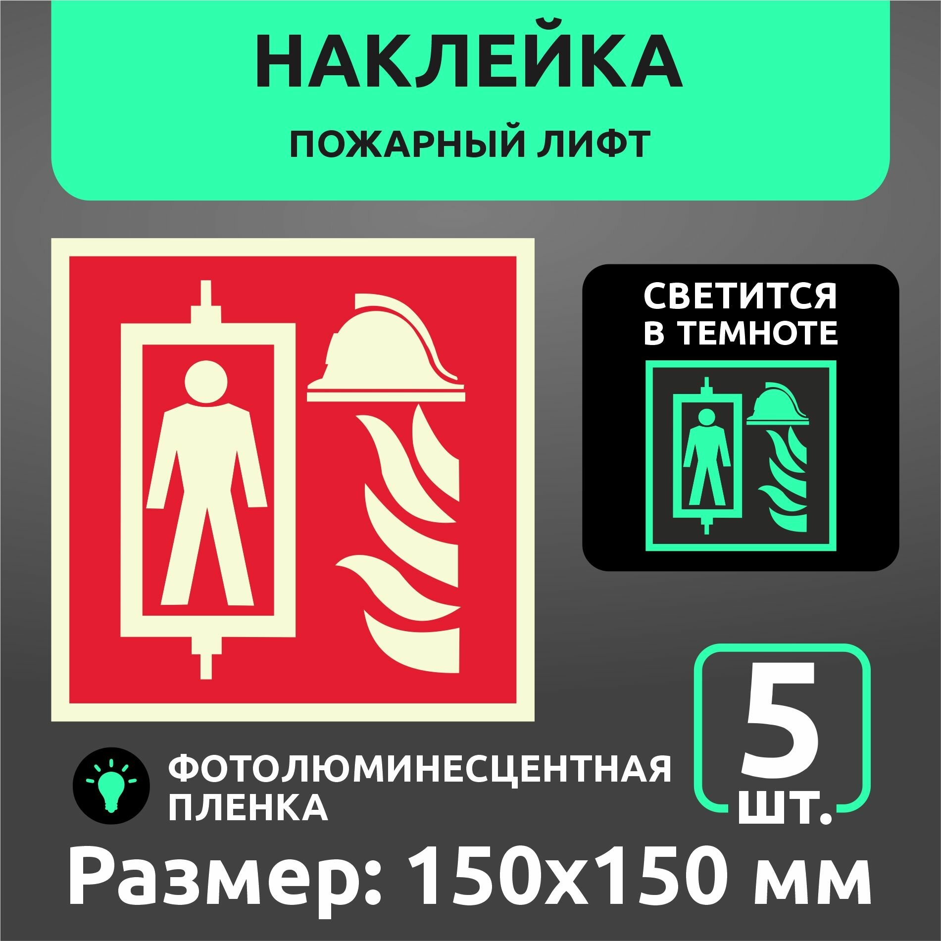 Пожарные наклейки светонакопительные F31 "Пожарный лифт" 150 х 150 мм 5 шт