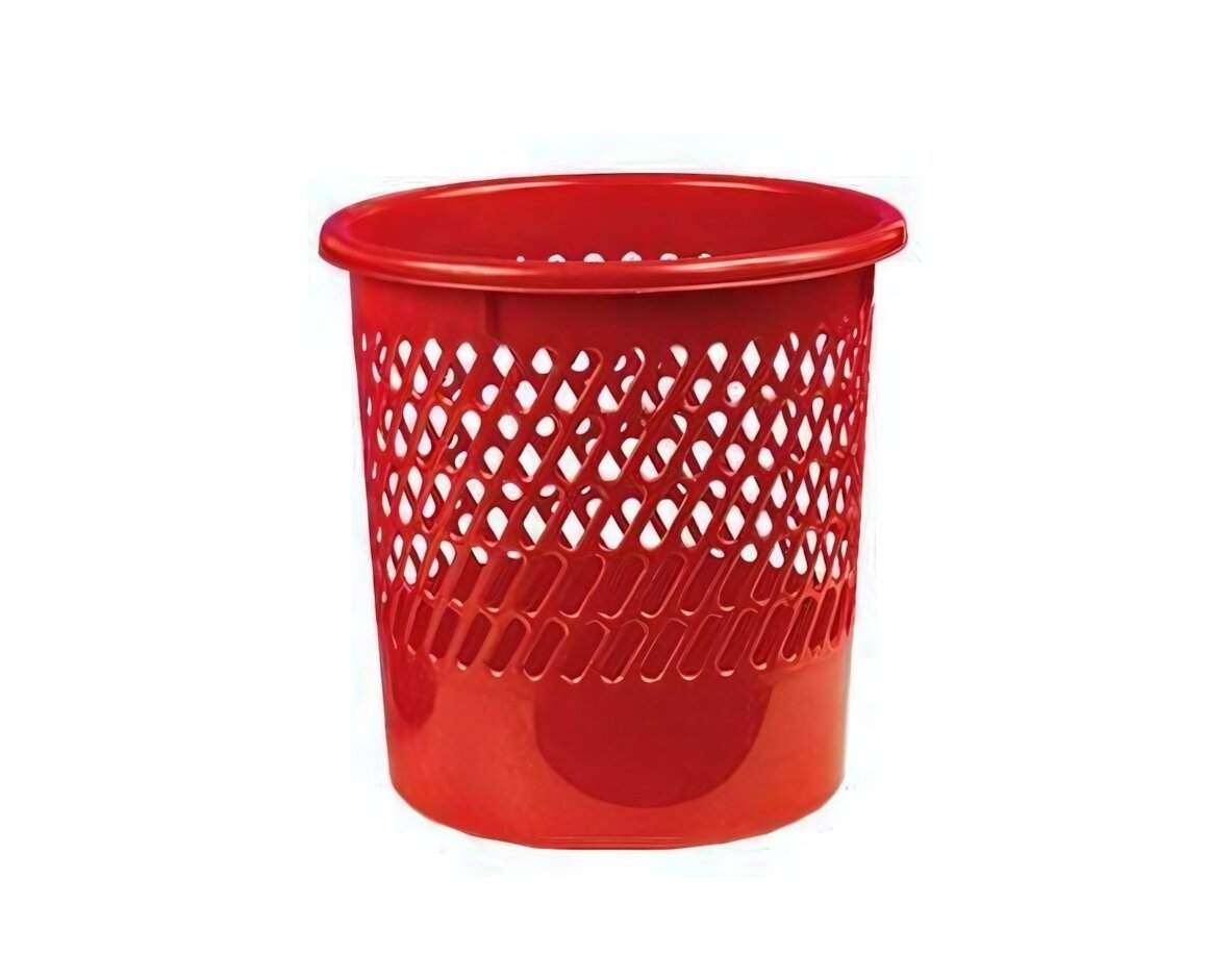 Корзина для бумаг легкая и прочная 10л пластик красная цилиндр перфорация дом или офис