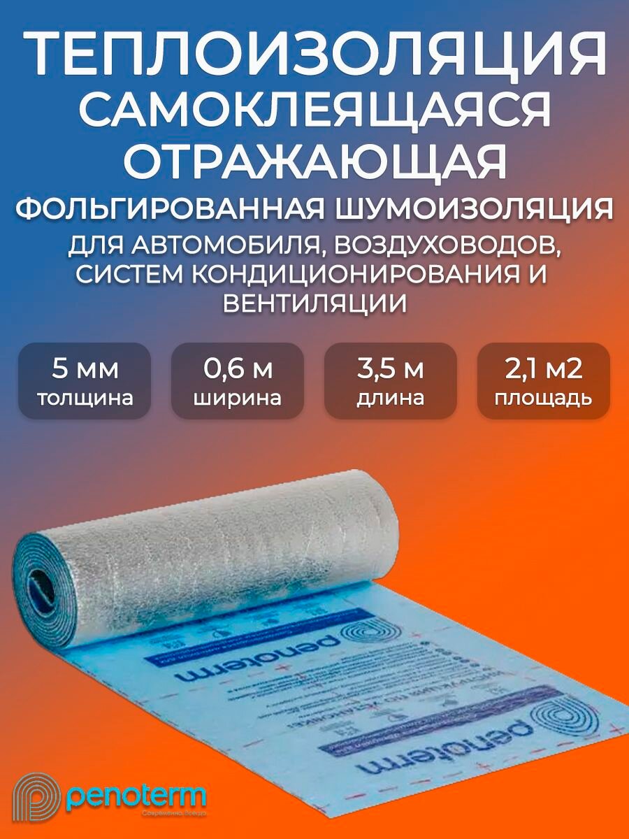 Фольгированный самоклеящийся утеплитель 5мм 2.1м2 Порилекс/ Отражающая теплоизоляция шумоизоляция фольгоизолон