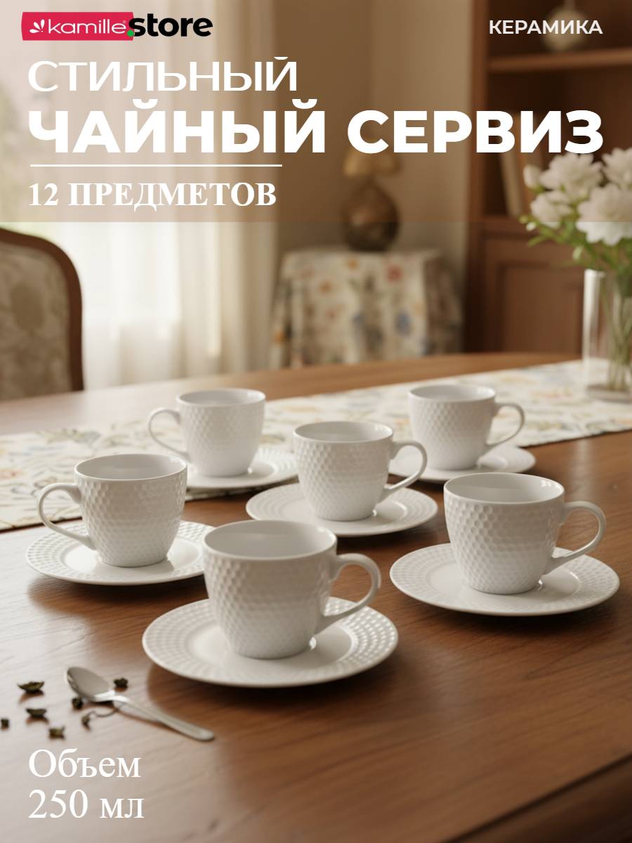 Чайный сервиз 250 мл. 12 предметов, на 6 персон, керамика (белый)