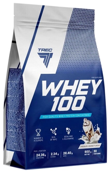 Протеин сывороточный 900 гр, для набора мышечной массы, Trec Nutrition Whey 100, вкус: шоколад-кокос