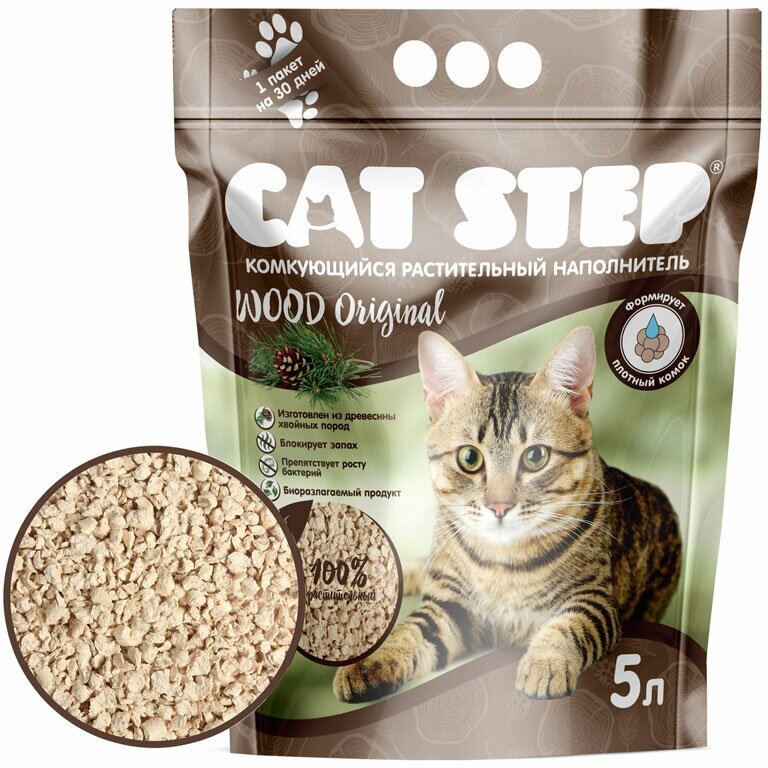 Комкующийся наполнитель Cat Step Wood Original растительный, 5л, 1 шт.