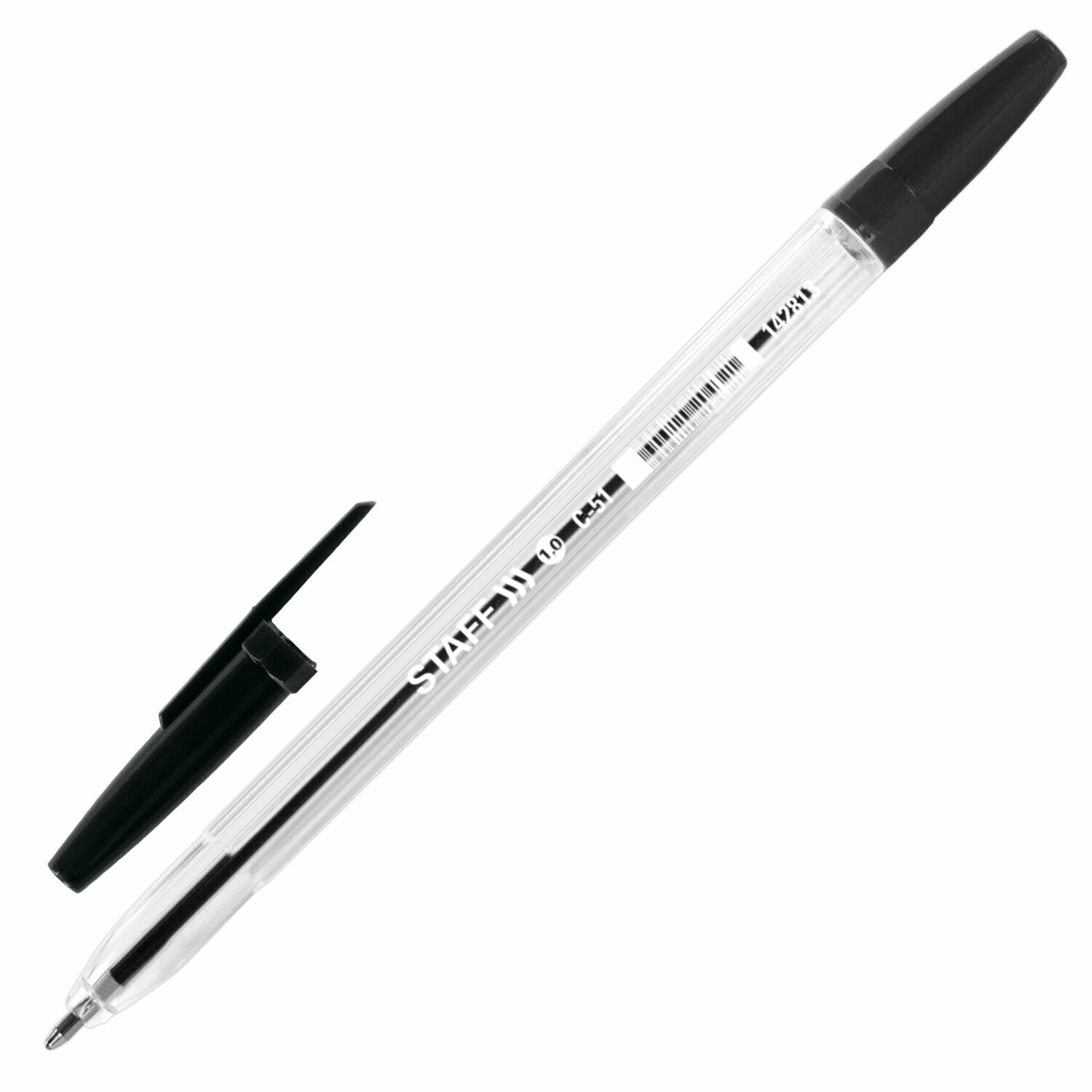 Ручка шариковая STAFF C-51, черная, корпус прозрачный, узел 1мм, линия письма 0,5мм, 142813, - Комплект 50 шт.(компл.)