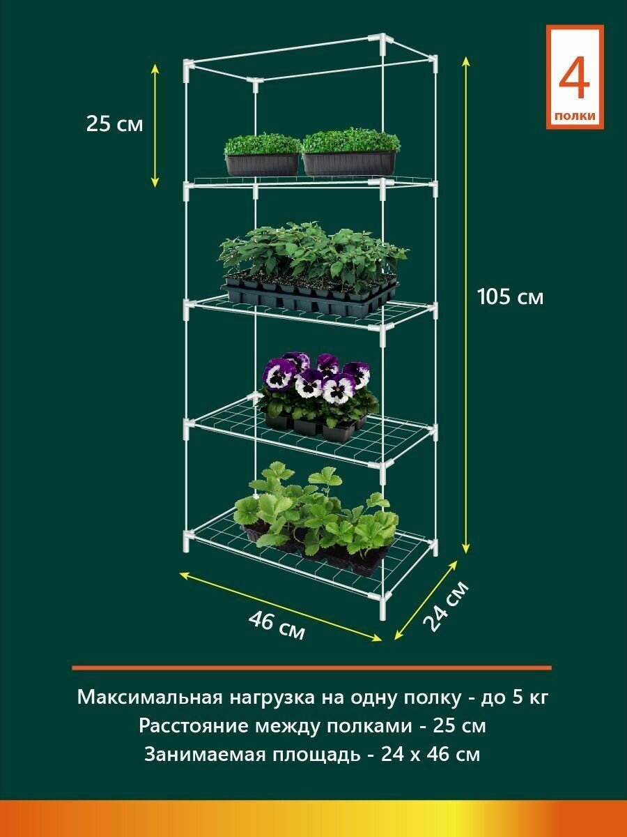 GARDEN SHOW/Маргарита белый каркас парника на подоконник 4 полки, 46х24х105 см - фотография № 3