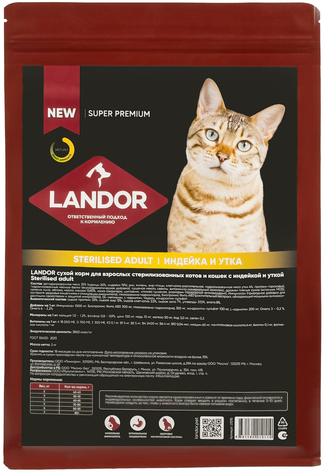 Landor Sterilised Cat сухой корм для взрослых стерилизованных котов и кошек Индейка и утка, 2 кг. - фотография № 1