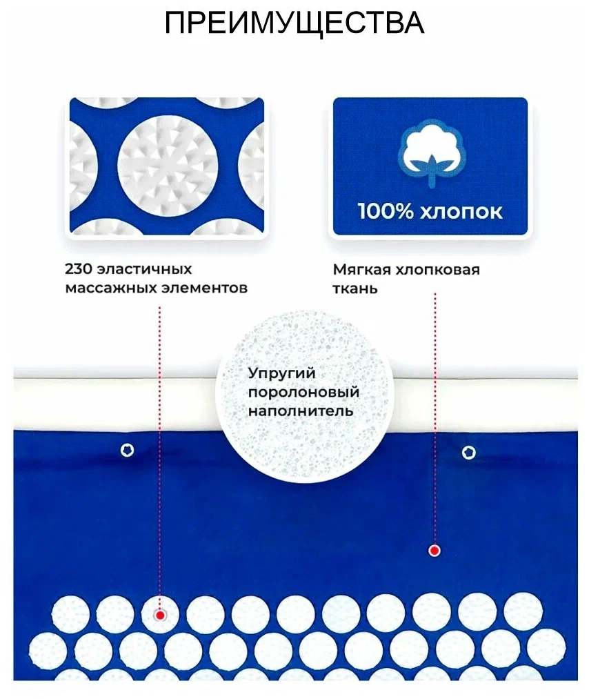 Аппликатор Кузнецова / Массажный коврик акупунктурный / Игольчатый + подушка комплект 2 в 1 /синий