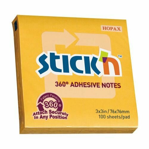 Блок самоклеящийся бумажный STICK`N 21551, 76x76, 100 л, оранжевый, клей по периметру