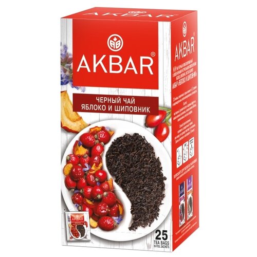 Чай черный Akbar Яблоко и шиповник в пакетиках, шиповник, яблоко, фруктово-ягодный, 25 пак.