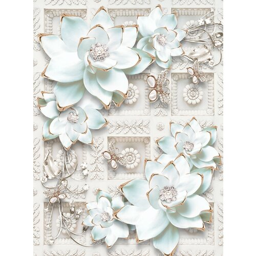 Моющиеся виниловые фотообои GrandPiK Белые цветы на лепном декоре 3D, 200х270 см