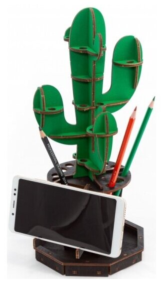 Сборная модель Eco Wood Art EWA Design Настольный органайзер Кактус (зеленый)