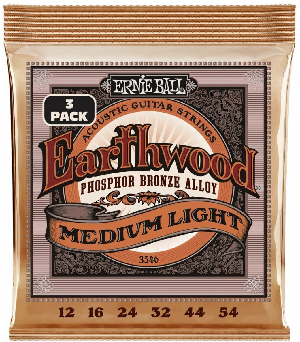 ERNIE BALL 3546 Earthwood Phosphor Bronze Medium Light 3 Pack 12-54 - Струны для акустической гитары