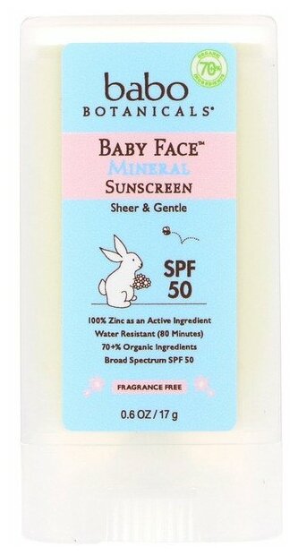 Babo Botanicals / Baby Face / защита от солнца на минеральной основе в виде стика / SPF 50 / 17 г