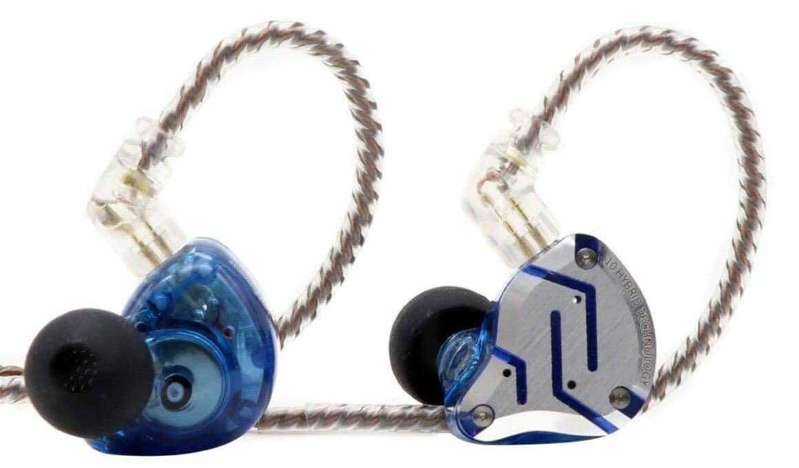 KZ Acoustics ZS10 Pro с микрофоном, блики синего, проводные наушники — фото 1