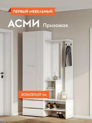 Прихожая комплект Асми с полками, со шкафом, с вешалкой, с зеркалом, 120.2х37.2х202 см, Белый