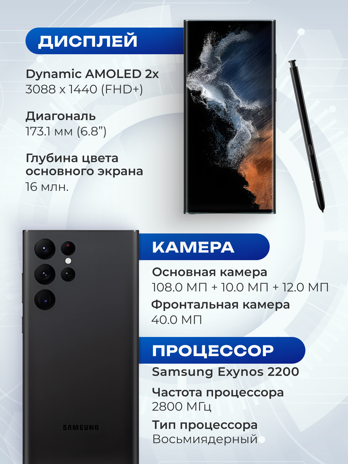 Смартфон Samsung Galaxy S22Ultra ,256GB , nano SIM+eSIM, черный — фото 1