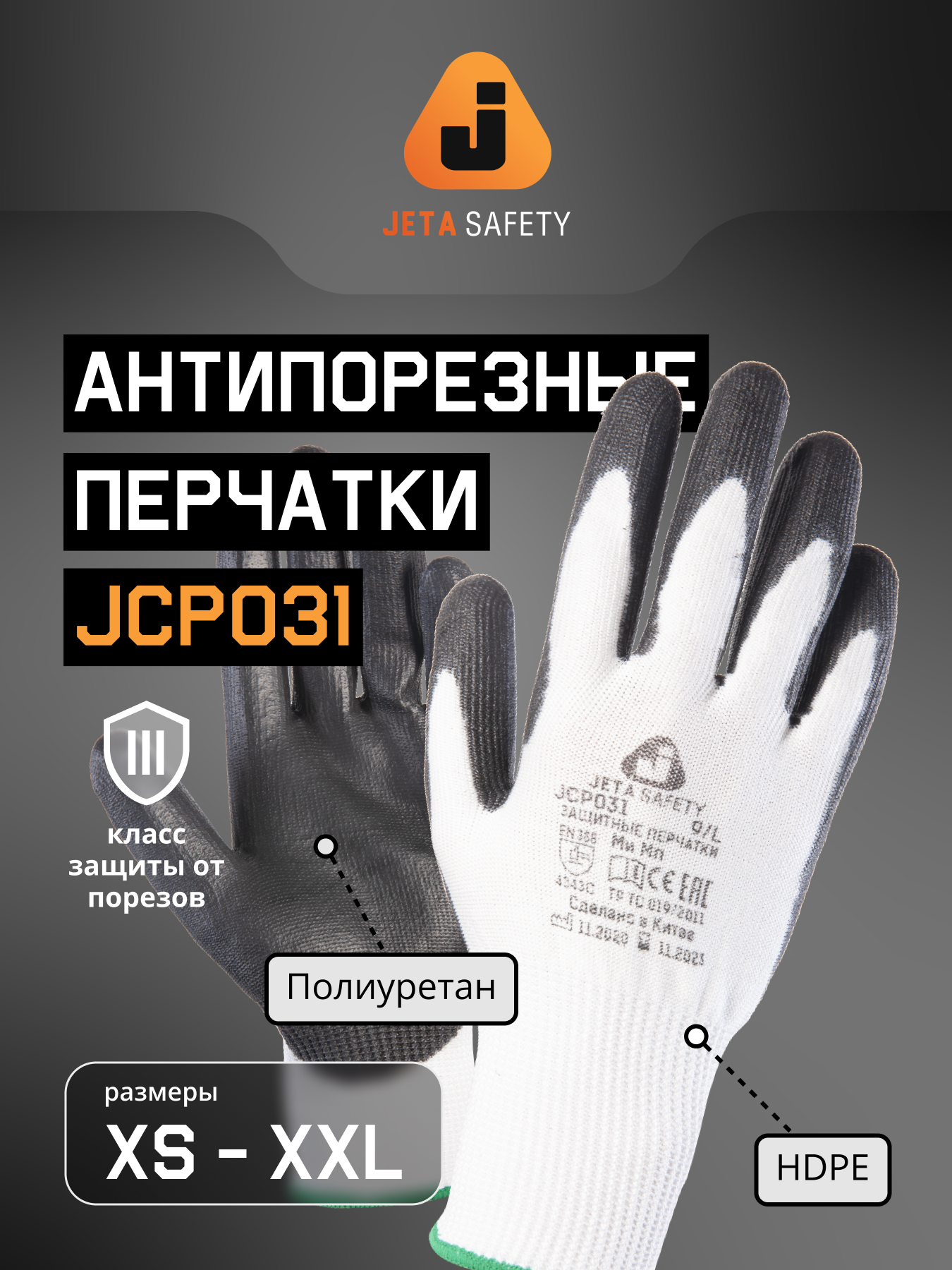 Защитные перчатки от порезов с полиуретановым покрытием ладони JCP031, черно-белые, (L) - 1 пара