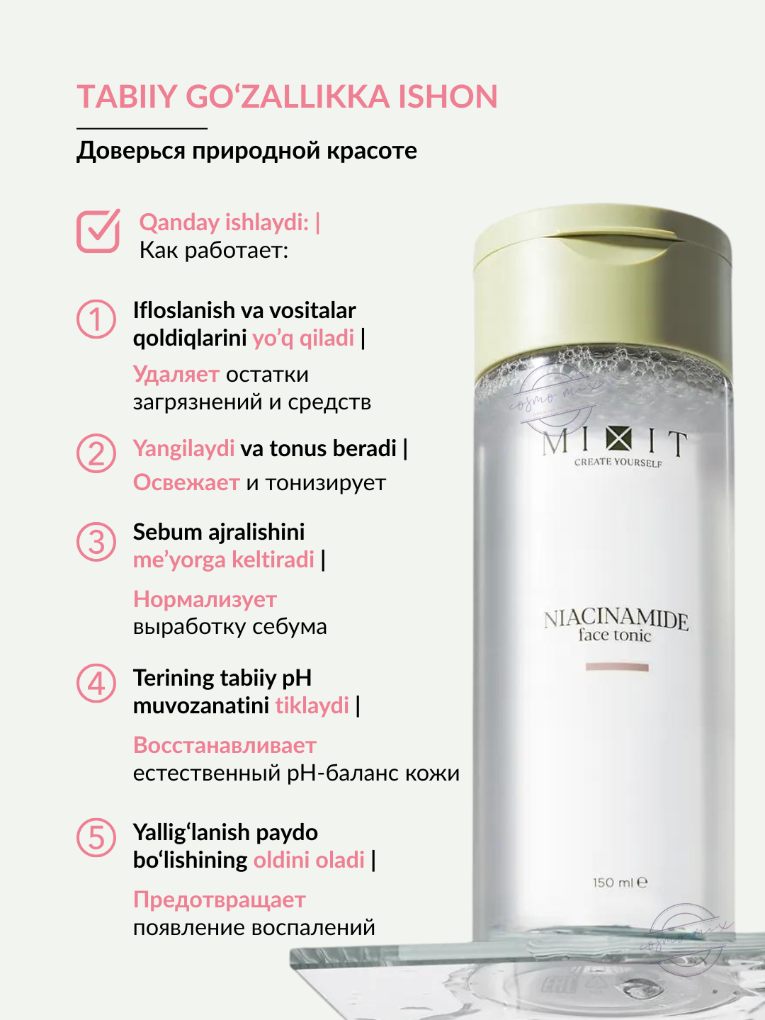 MIXIT Niacinamide Face Tonic — тоник с ниацинамидом для лица, 150 мл — фото 1