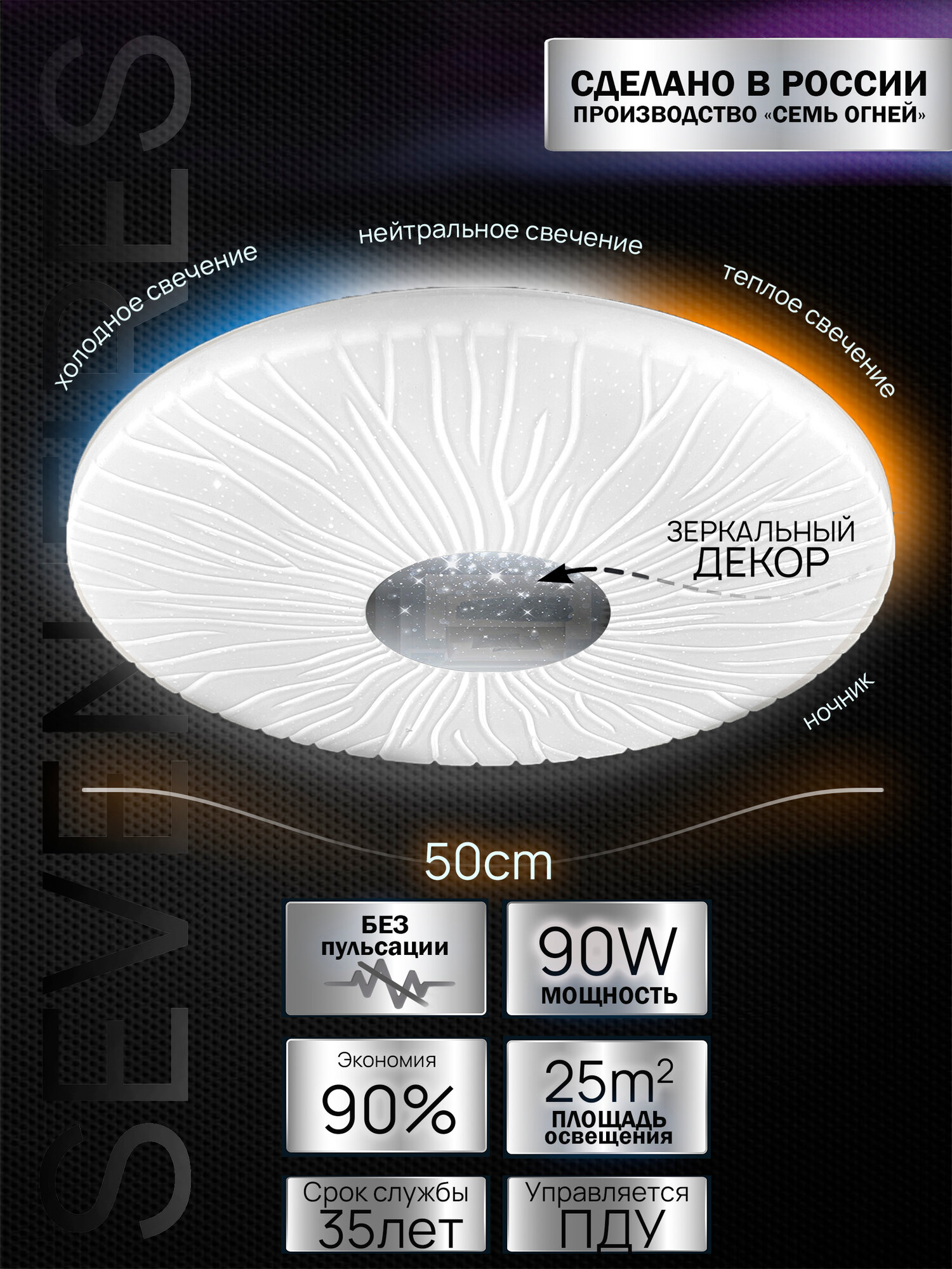 Люстра потолочная светодиодная Семь Огней, белая с пультом, до 25 кв. м.