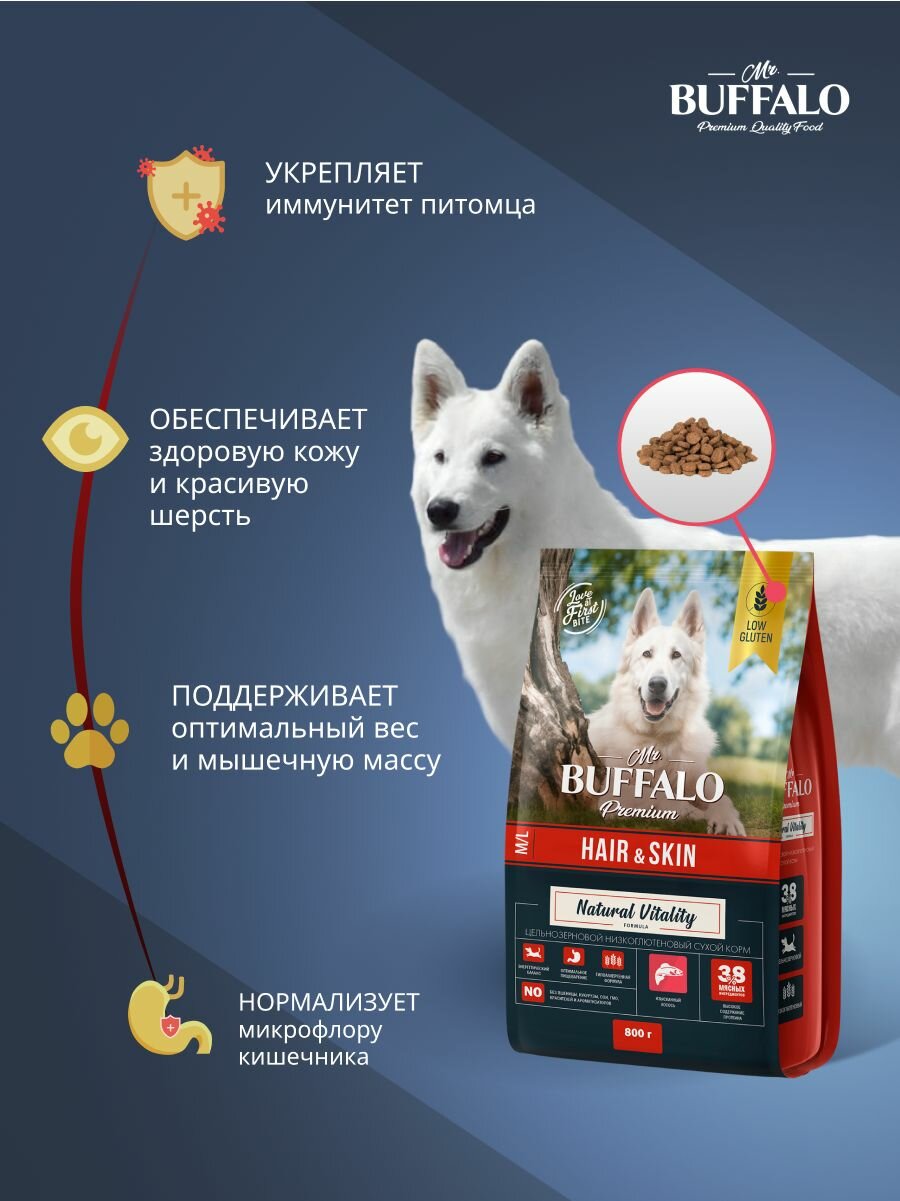 Сухой корм для собак средних и крупных пород для кожи и шерсти Баффало Mr.Buffalo Hair&Skin Care с Лососем 0,8 кг — фото 1