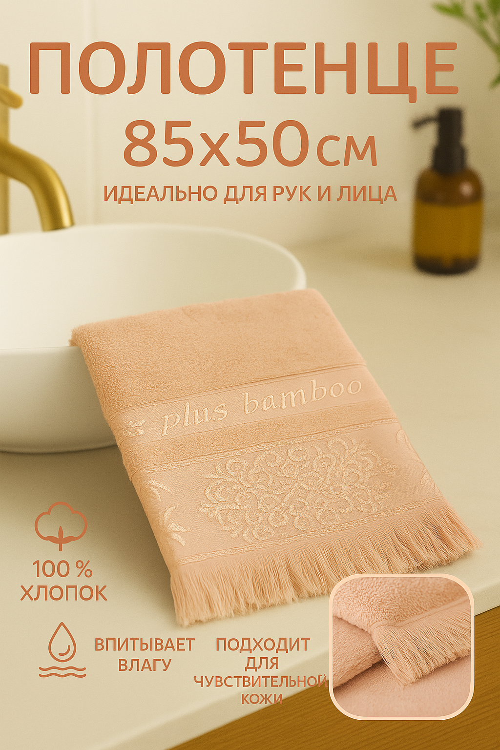 Махровое полотенце из хлопка с узором — мягкое и впитывающее, для рук и лица