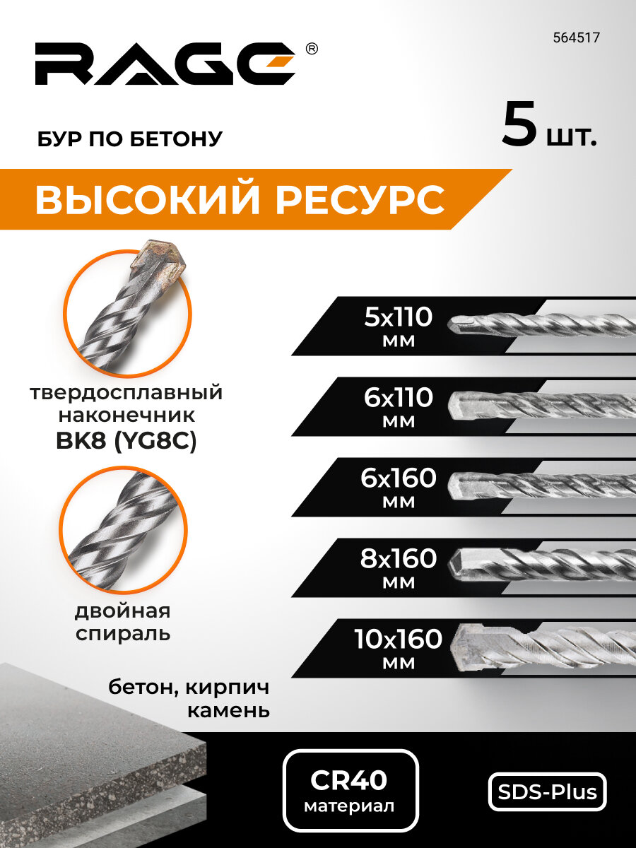 Набор буров по бетону 56х110 6810х160 SDS-plus RAGE by VIRA