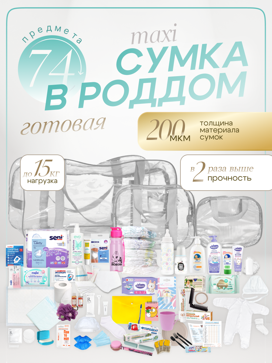 Сумка в роддом готовая для мамы и малыша с наполнением Full mom Maxi, 74 предмета, прозрачная