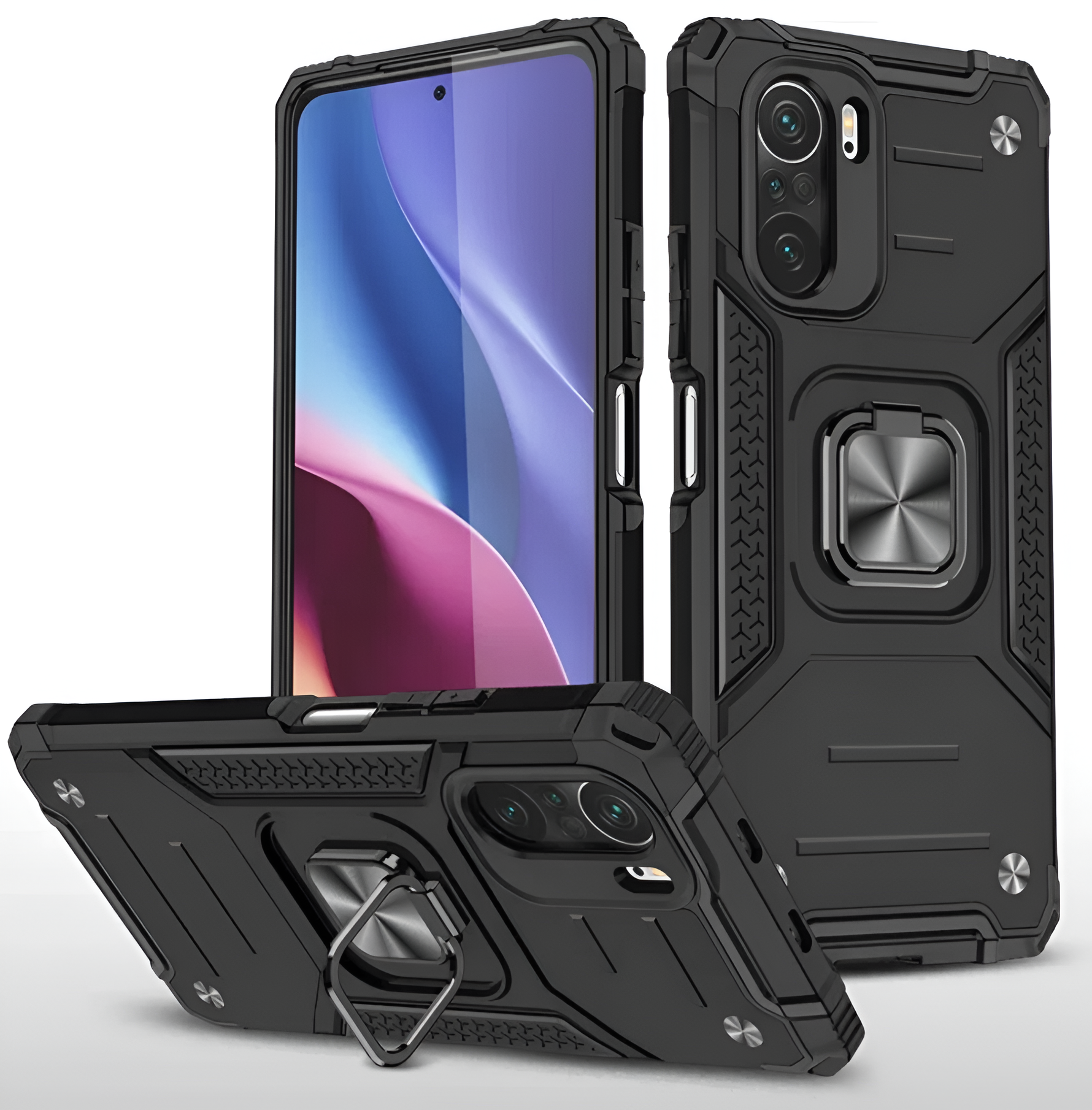 Противоударный чехол для Xiaomi Redmi K40, Redmi K40 Pro +, Poco F3 черный с пластиной и кольцом подставкой