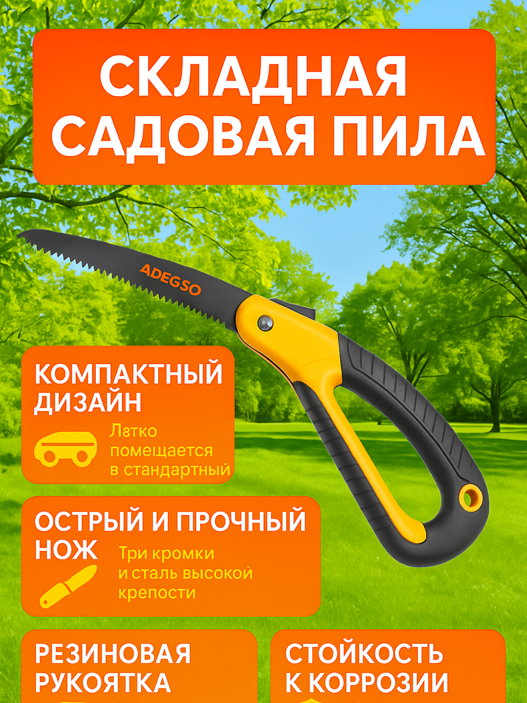 Складная садовая пила ADEGSO, 180мм, эргономичная, устойчивая к коррозии