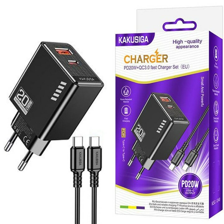 Сетевое зарядное устройство KAKUSIGA KSC-1240, Type-C, быстрая зарядка PD 20W, для смартфонов, черный