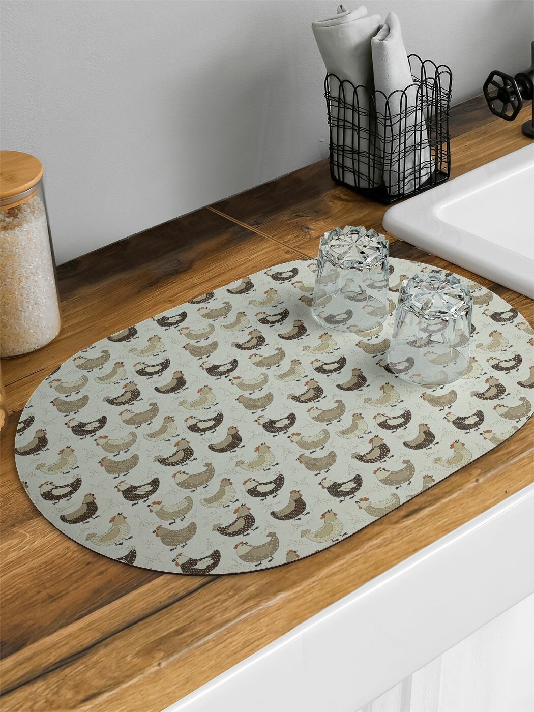 Коврик для сушки посуды овальный "Забавные курочки" 58x38 см, JoyArty