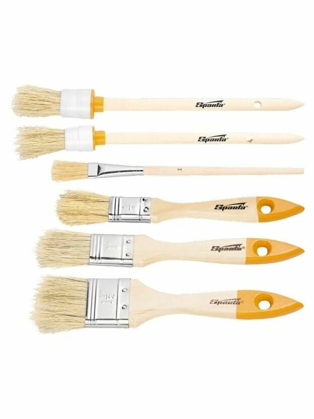Набор кистей 6 шт плоские 3/4" 1" 1/5" круглые №1 №2 №4 Sparta 841145