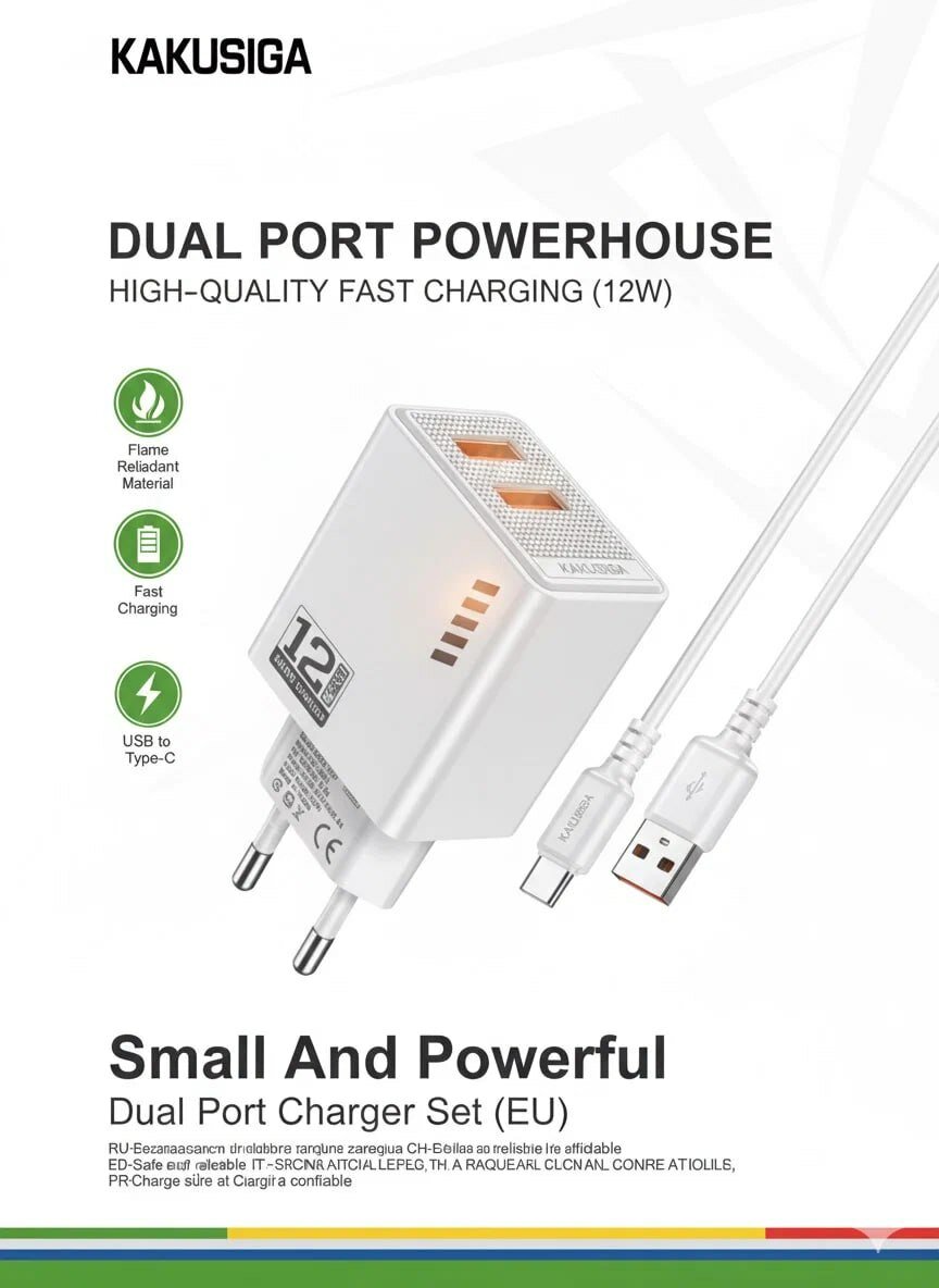 Зарядное устройство KAKUSIGA CAT8, два порта, USB Type C, быстрозажимное, белое