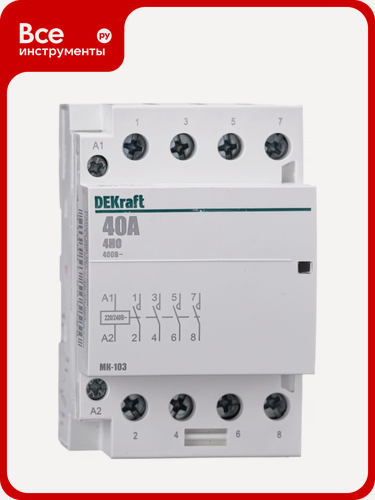 Изображение товара Контактор модульный DEKraft МК-103 с пластиковым корпусом, защитой IP20, монтаж на DIN‑рейку, четыре открытых контакта