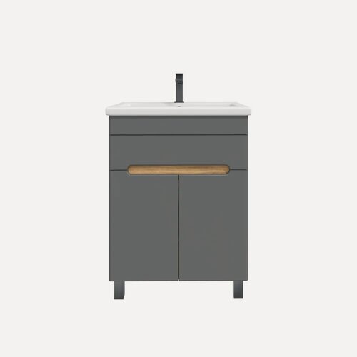 Изображение товара Тумба с раковиной SanStar Модена 50 напольная, 50, 5 см, серая, светлое дерево, матовая, из МДФ, с ящиками, с дверками, раковина для ванной, фарфоровая, прямоугольная, встроенный слив-перелив
