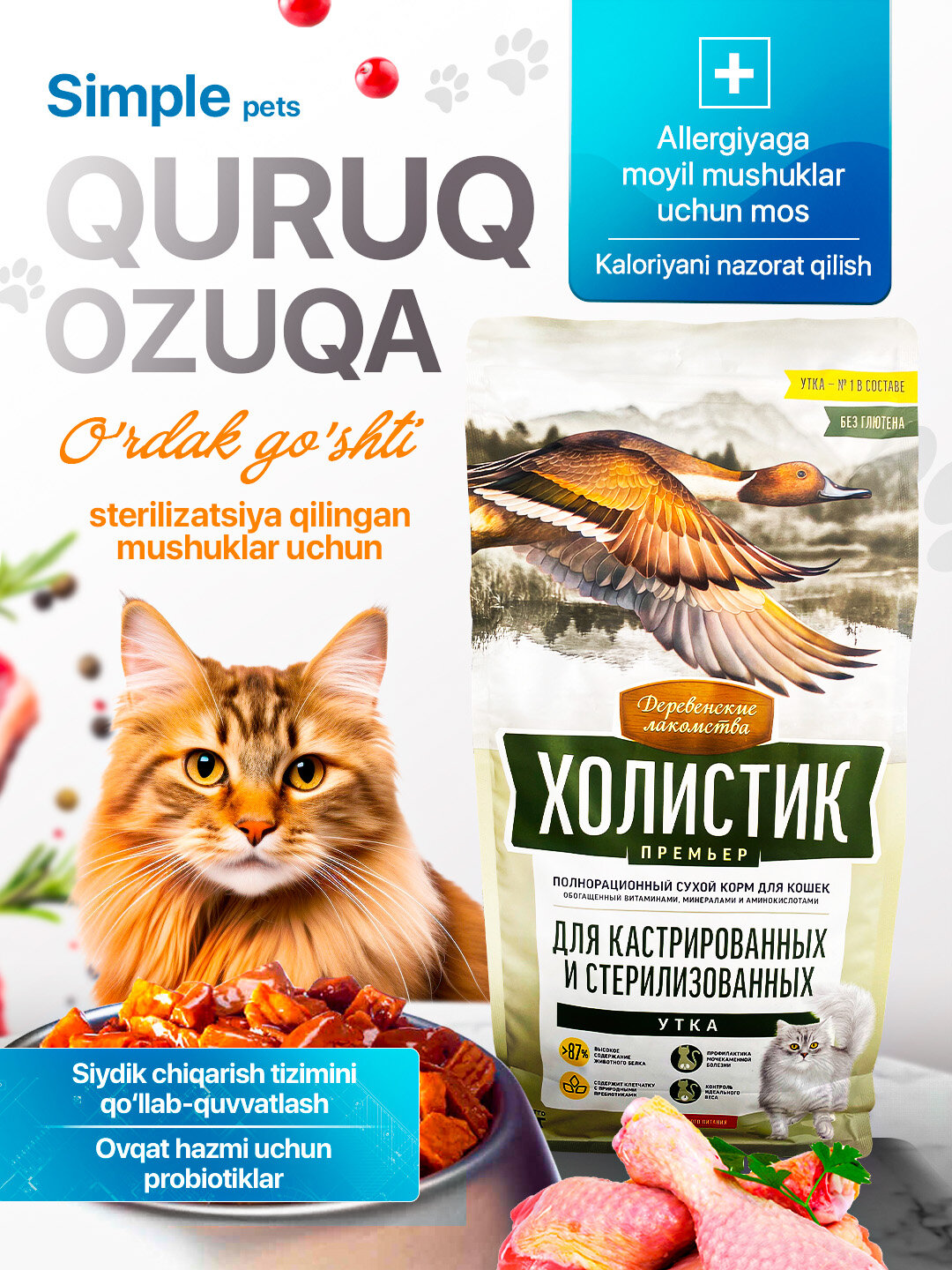 Корм для кошек Холистик Simple Pets, 400 г и 2 кг, лосось, курица - Тёмно-зелёный,2 кг