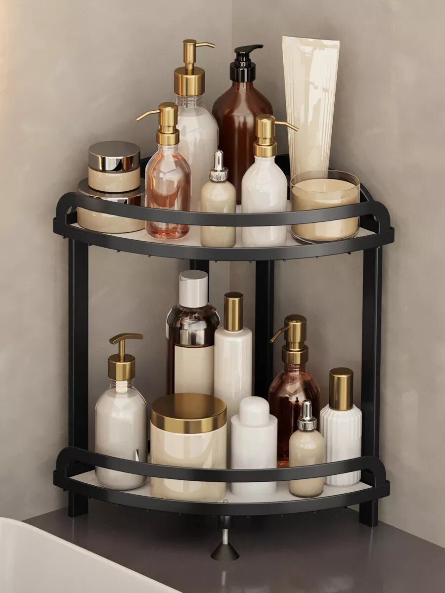 Угловая настенная полка-органайзер для ванной комнаты, для косметики, в черный цвете
