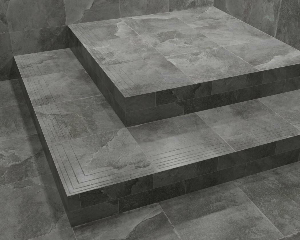 Высокопрочная клинкерная плитка 298Х298 Касл Рок 2  серый 151м2 ступень угловая