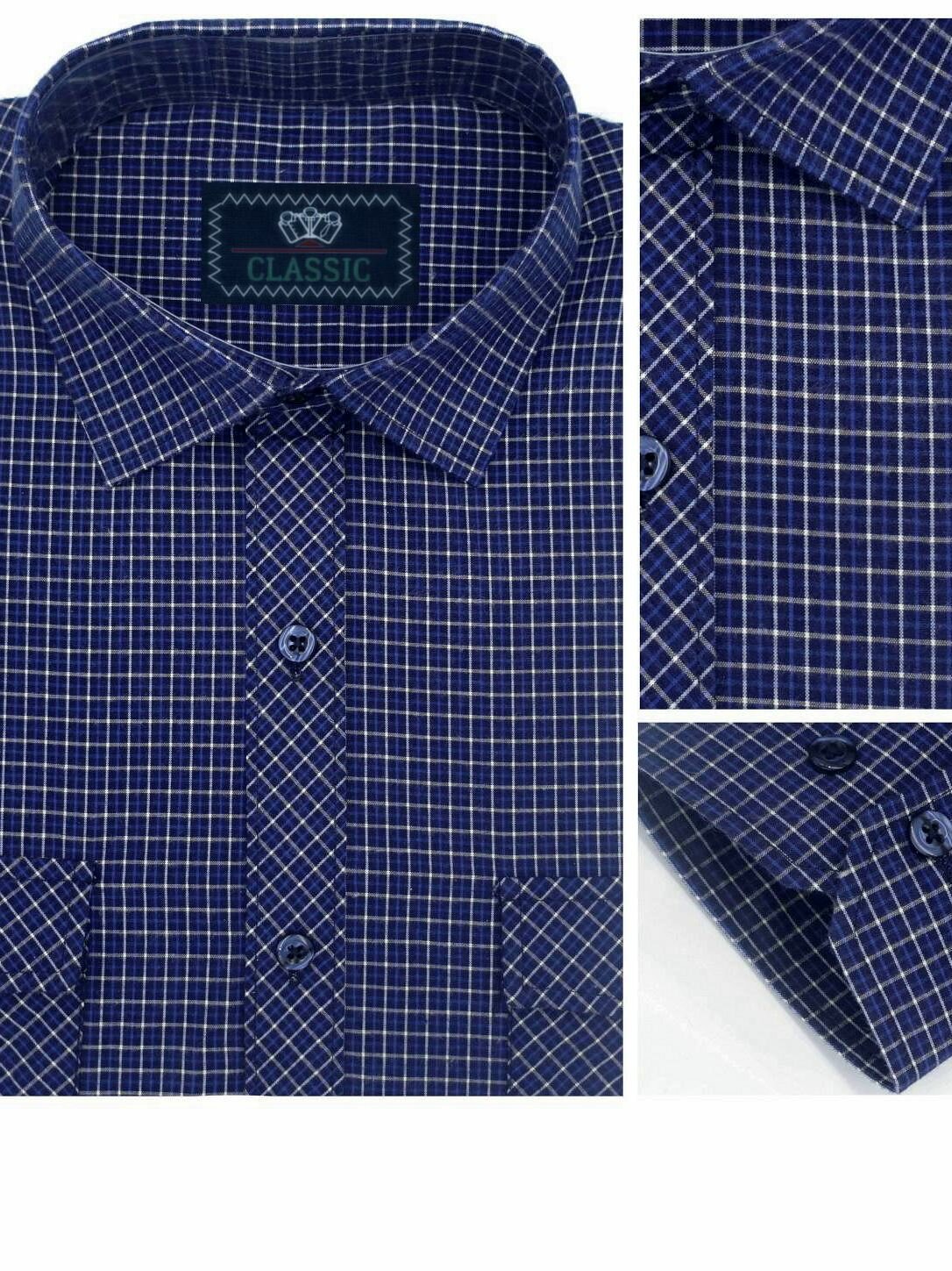 Рубашка Мужская рубашка с длинным рукавом прямая классическая, темная сорочка на пуговицах, рубаха на любой сезон, синяя клетка, с двумя карманами и клапанами, на любой сезон и на лето рубашка