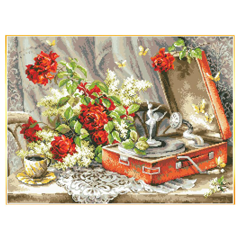 Hабор для вышивания Amishop Проигрыватель и роза, 18CT Aida, 37 x 28 см, 250 x 185 стежка, 46 цветов